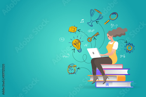 E-learning and knowledge management concept with woman on books. Student girl studying online with a laptop and creative learning icons for academic success and digital education.