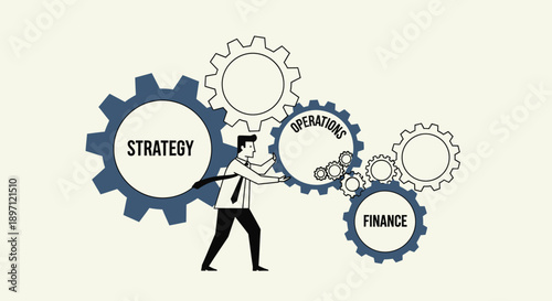 Illustration of a businessman managing interconnected gears representing strategy operations and finance management concepts