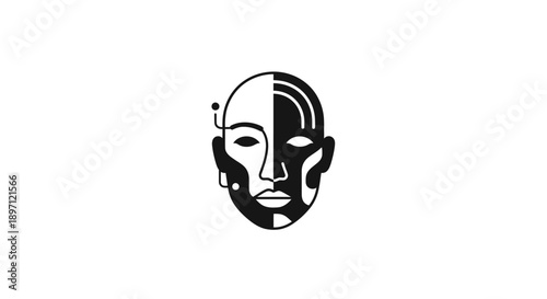 Abstract Robotic Face Mask with Circuitry Elements, Artificial Intelligence and Cybernetics Concept, isolated white background.