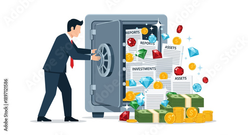 Financial Security and Wealth Management Concept with Man Opening Safe Filled with Wealth Assets