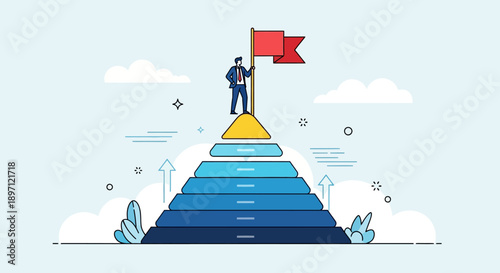 Businessman Standing on a Tiered Pyramid of Steps Holding a Red Flag at the Peak Representing Achievement and Goal Setting in
