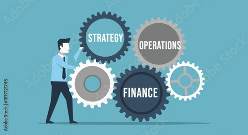 Business teamwork conceptual illustration showcasing strategy operations and finance gears for organizational success