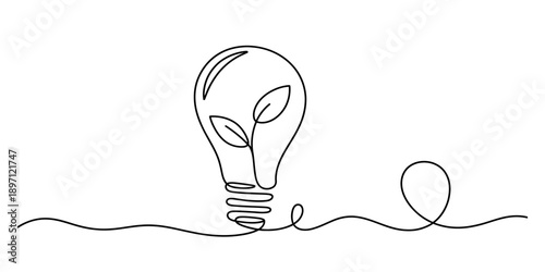 Continuous line drawing of a light bulb with a plant inside, symbolizing green energy. Vector, illustration