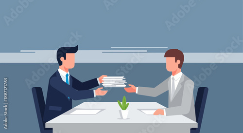 Professional corporate interview with two businesspersons exchanging documents across a sleek modern desk