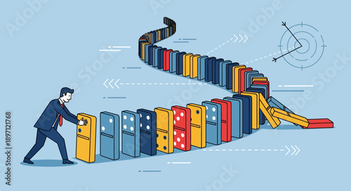 Businessman Resisting a Chain Reaction of Dominoes Symbolizing Challenges in Overcoming Obstacles and Achieving Goals in a