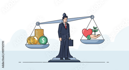 Businessman balancing financial success and health priorities in a conceptual weight scale representing economic growth and