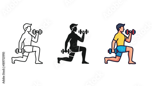 Man doing a dumbbell lunge exercise, set of three icons outline, silhouette, and color illustration