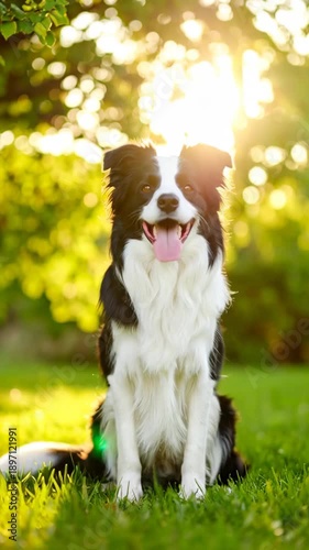 Happy border collie dog sitting in sunlit grass outdoors