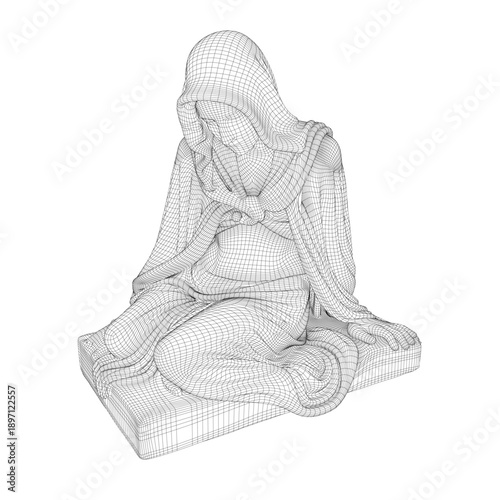 A gothic statue sits in prayer, wearing a cloak. Vector illustration