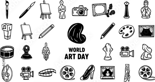 Hand-drawn Black  White Line Art World Art Day Vector Icons Set: Creative Arts, Culture, Painting, Sculpture, Photography, Film, Music  Dance Symbols Collection