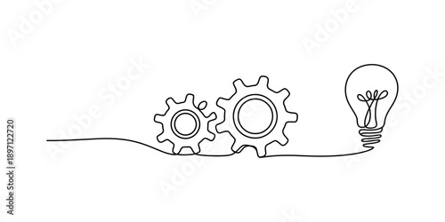 A continuous line connects mechanical gears to an innovative lightbulb idea Vector, illustration