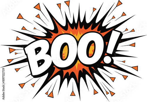 Comic-style explosion vector with bold BOO text, Halloween fright design, dynamic jagged spikes, spooky graphic illustration for party, poster, sticker, and festive branding projects