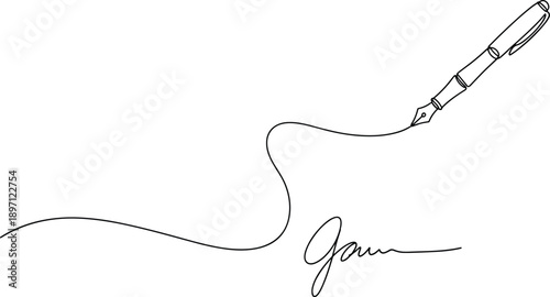 Elegant fountain pen vector illustration creating continuous line signature, minimalist black and 
.....................................................