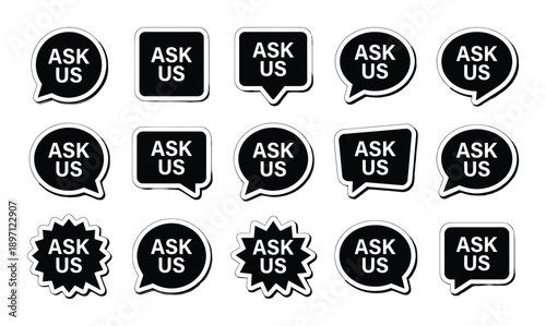 Ask us speech bubble badge vector icon set helpful information faq support service advice