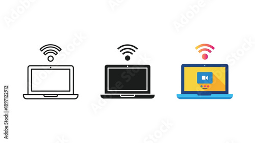 Set of three laptop icons with wifi signal, outline, solid black, and colorful flat design styles, representing wireless internet connection and online video communication