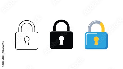Set of three padlock icons outline, solid black, and colorful blue with yellow shackle detail, representing security and locking mechanisms