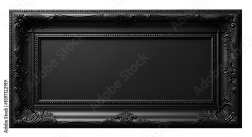 Black ornate picture frame isolated on transparent background