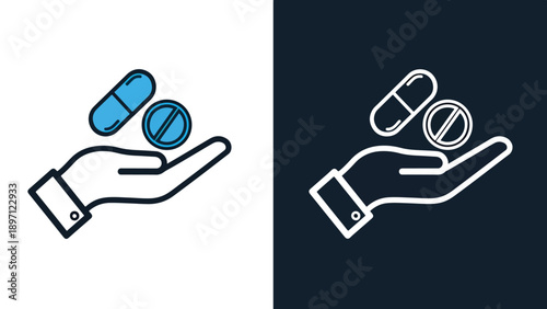 Hand holding pills - Blue icon set - Solid icons vector collection - Vector icon set - Line and glyph solid icon set - Clipart - Flat Design Icon