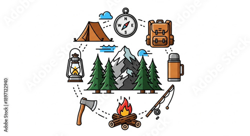 Outdoor adventure camping equipment and supplies illustration.