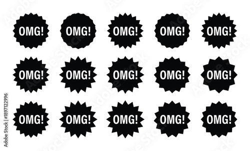 Black cartoon omg speech bubbles vector set isolated on transparent background for design