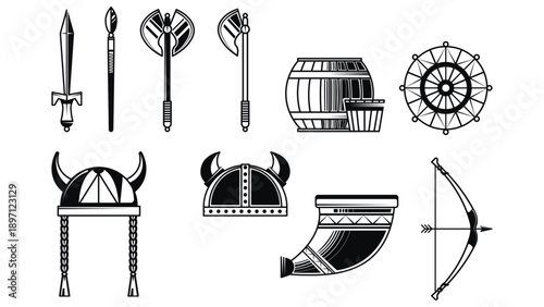 Set of Viking graphic icons in cartoon style. Vector illustration: swords, spear, axes, barrel, horned helmets, drinking horn, bow and arrow isolated on white background. Scandinavian warriors.