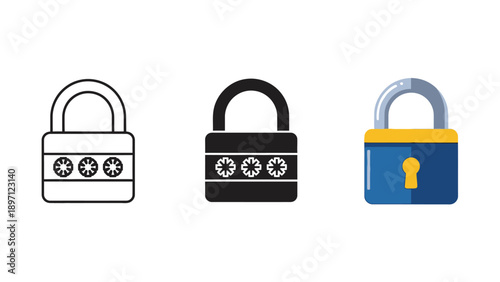 Set of three combination padlock icons representing security, password protection, and data encryption in different styles outline, solid black, and color illustration