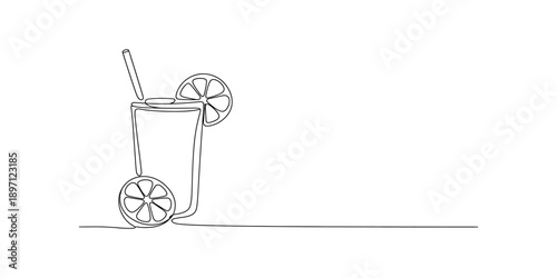 Continuous line drawing of a refreshing glass of juice with fruit slices isolated on white background, Vector, illustration