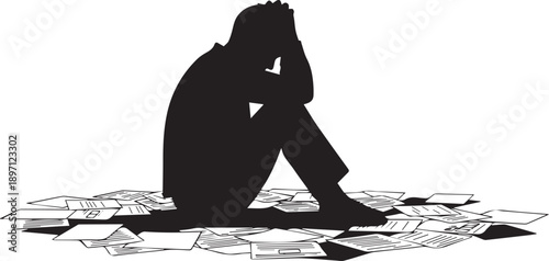 Silhouette man sitting stressed on bills and papers, symbolizing financial problems and debt vector illustration
