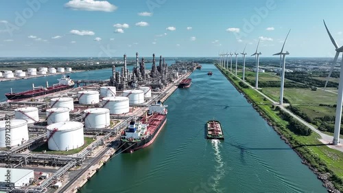 Aerial view captures the coexistence of a large industrial petrochemical refining complex and a clean energy wind farm along a busy navigable waterway filled with commercial marine traffic.