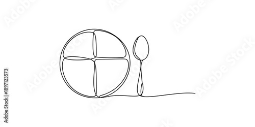 Continuous line drawing of a divided plate and spoon for minimalist dining isolated on white background, Vector, illustration