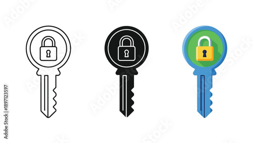 Set of three key icons with a padlock symbol, representing security, access, and encryption in outline, solid black, and color styles