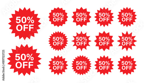 Fifty percent off sticker collection red color promotional design vector