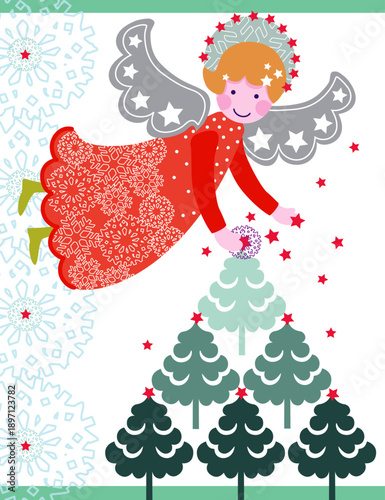 Ange de Noël qui pose une étoile sur un sapin