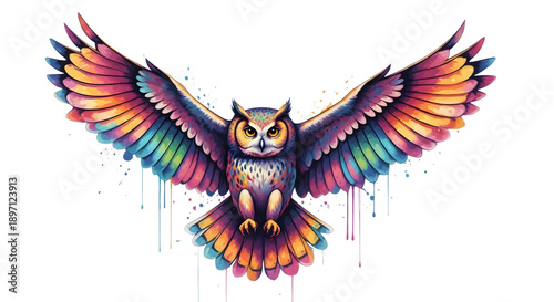 Rainbow colored owl isolated on transparent background