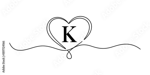 Continuous line drawing of a heart shape with the capital letter k inside Vector, illustration
