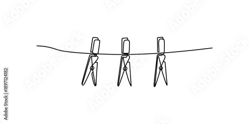 Simple continuous line art illustration showing three clothes pegs hanging on a laundry line Vector, illustration