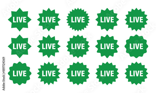 Live sign template with green sticker icons announcement broadcast stream news and television channel