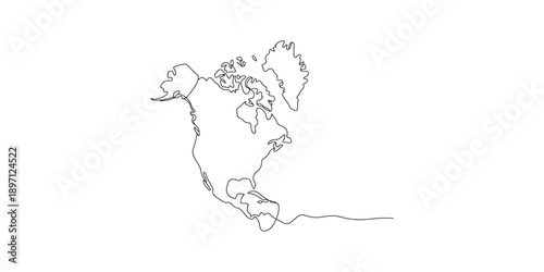 Continuous line drawing of the north america continent map on a white background Vector, illustration