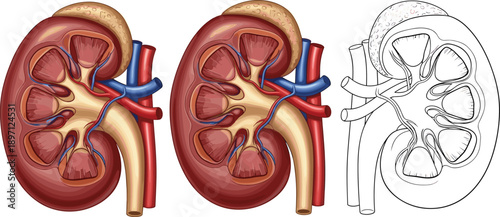 Human kidney cross section anatomy illustration showing internal structure renal vessels cortex medulla pelvis medical education diagram isolated white background detailed