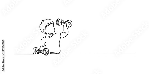 A continuous line drawing captures a person performing a dumbbell bicep curl workout Vector, illustration