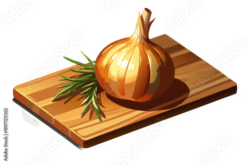 A couple of golden onions on a wooden cutting board with a fresh sprig of rosemary isolated on a transparent background png rustic kitchen food element