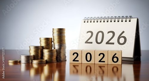 2026 Calendar with Coin Stacks Representing Financial Growth and Investment Concept