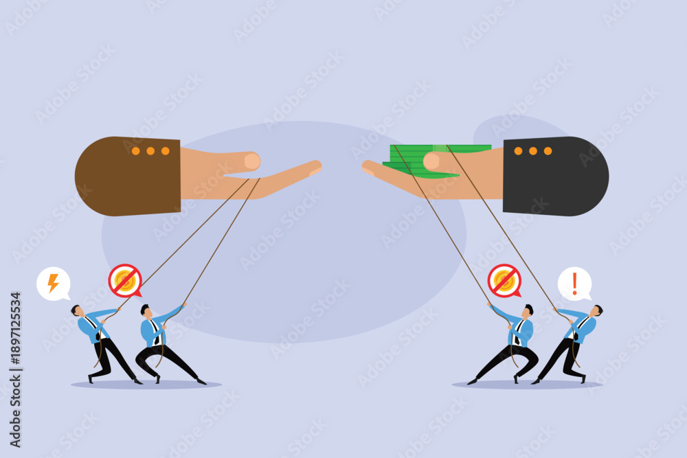 Fototapeta premium Corporate Corruption and Financial Manipulation Concept with Puppet Strings and Money 2d flat vector illustration