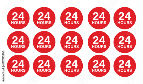 Red circle 24 hours service tag set design element for round time support