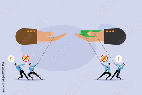 Corporate Corruption and Financial Manipulation Concept with Puppet Strings and Money 2d flat vector illustration
