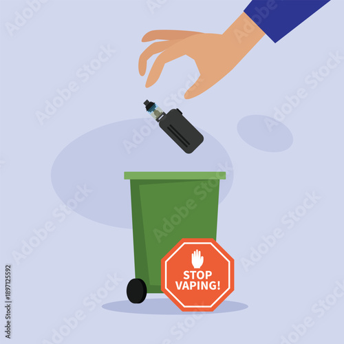 Stop Vaping and Smoking Cessation Concept with E-Cigarette Thrown in Trash 2d flat vector illustration