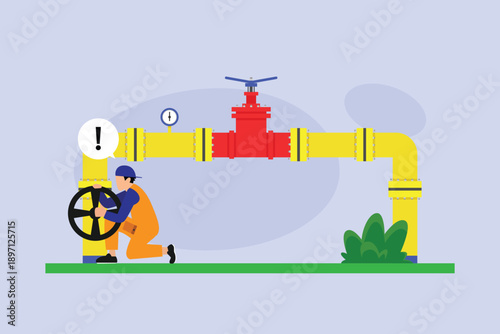 Technician Repairing Industrial Gas Pipeline Valve, Worker in Uniform Fixing Fuel Energy Infrastructure Pipe 2d flat vector illustration