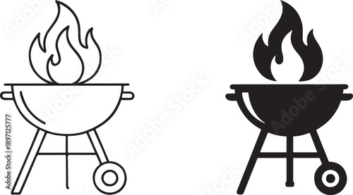 Flaming grill black silhouette and outline icon for barbecue, BBQ cooking and food design.