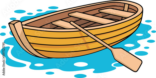 Wooden Rowboat with Oar Floating on Water