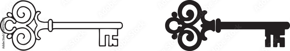 Obraz premium Old key vector house icon logo, black silhouette and outline symbol for real estate design.